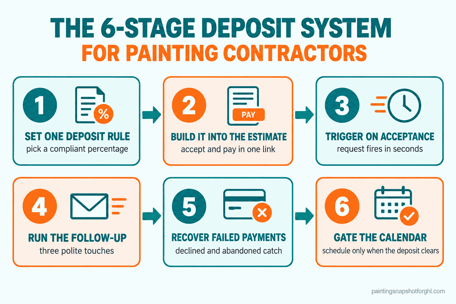 Flow diagram titled The 6-Stage Deposit System for Painting Contractors, six numbered steps left to right: 1 set one deposit rule, 2 build the deposit into the estimate, 3 trigger the request on acceptance, 4 run the follow-up sequence, 5 recover failed payments, 6 gate the schedule on a cleared deposit