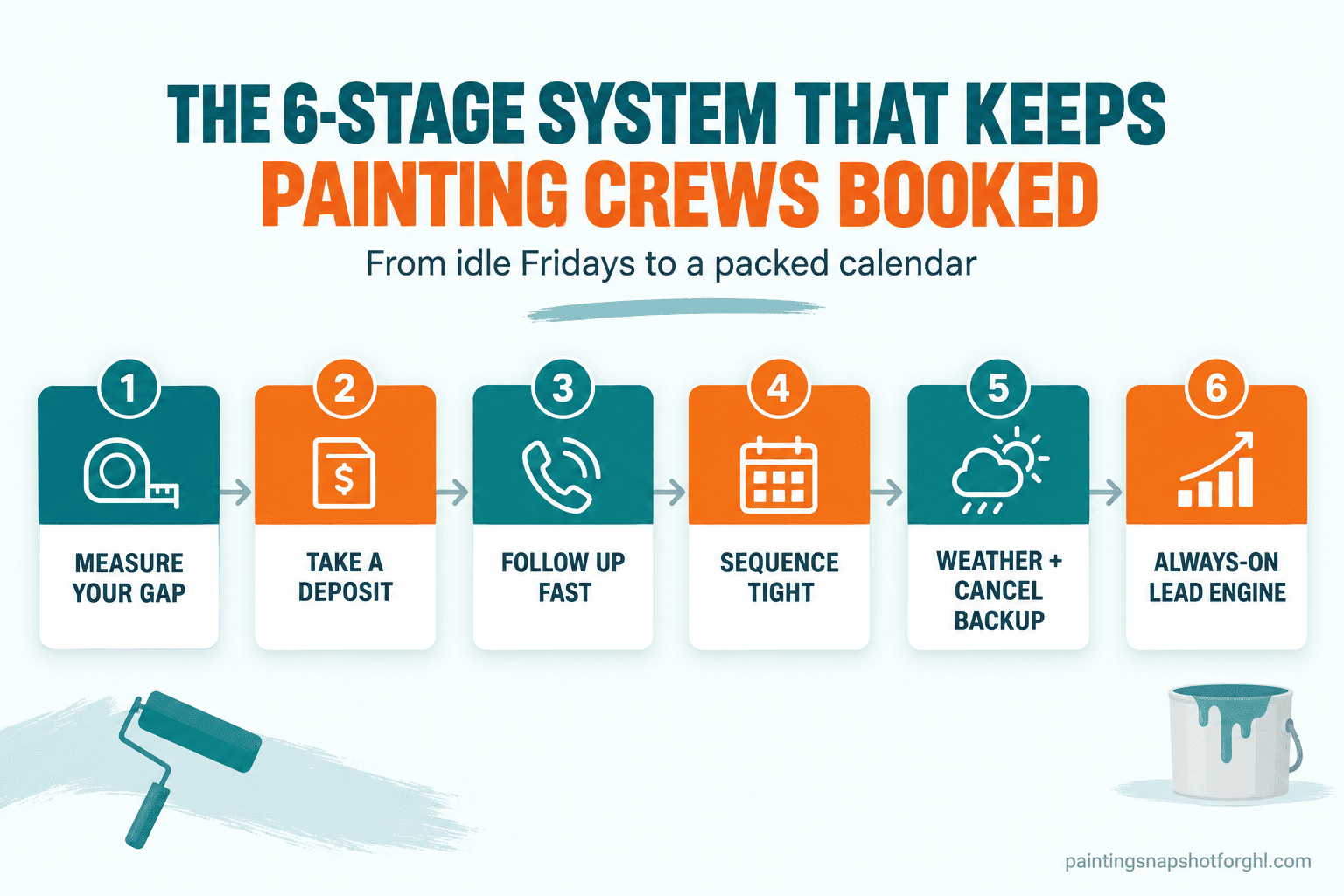 Flow diagram titled The 6-Stage System That Keeps Painting Crews Booked, with six numbered steps left to right: 1 measure your gap, 2 take a deposit, 3 follow up fast, 4 sequence tight, 5 weather and cancel backup, 6 always-on lead engine, subtitle from idle Fridays to a packed calendar