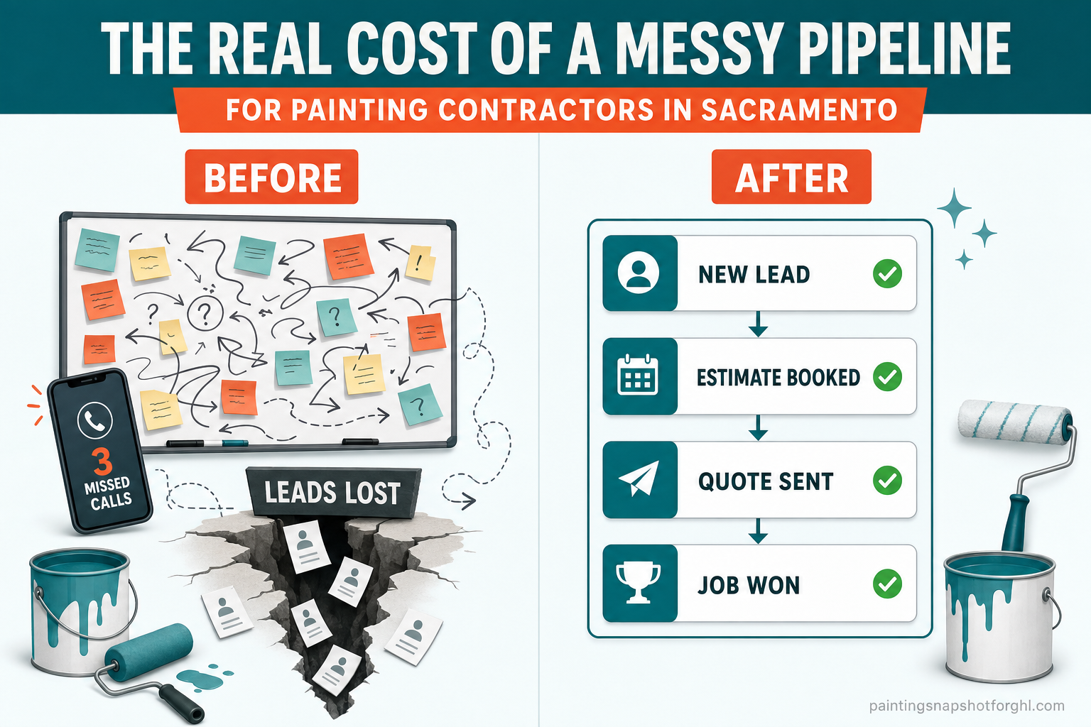 Before-and-after infographic: a chaotic whiteboard of sticky notes, 3 missed calls, and leads falling through a crack labeled 'Leads Lost' versus a clean CRM pipeline with stages New Lead, Estimate Booked, Quote Sent, Job Won — for painting contractors in Sacramento