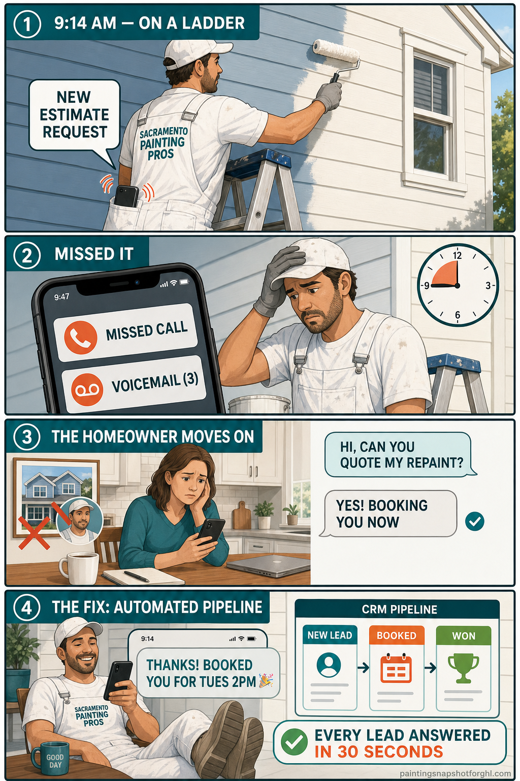 Four-panel comic strip: a Sacramento painter on a ladder misses a new estimate request, the call goes to voicemail, the homeowner texts a competitor who books the job, and the fix is an automated pipeline that replies 'Booked you for Tues 2PM' and answers every lead in 30 seconds