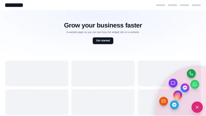 Radial contact menu floating widget open on a sample painting website