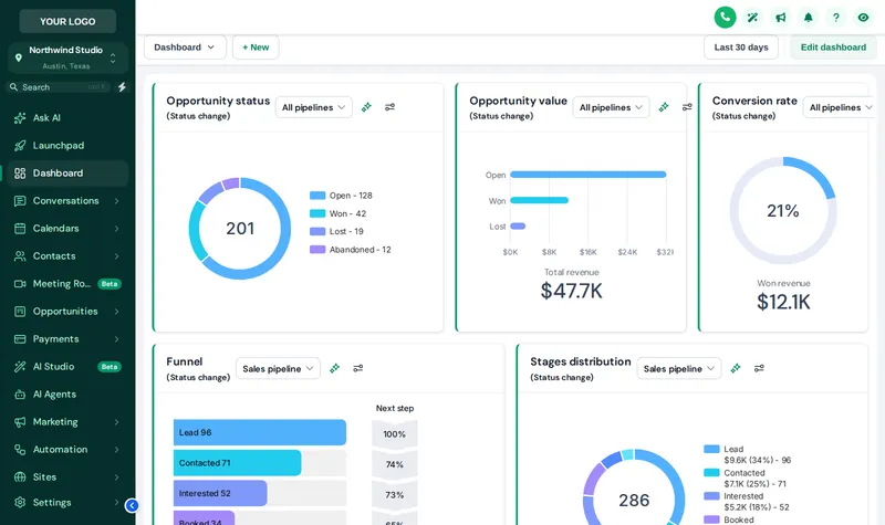 Forest Finance GoHighLevel theme with a deep green sidebar