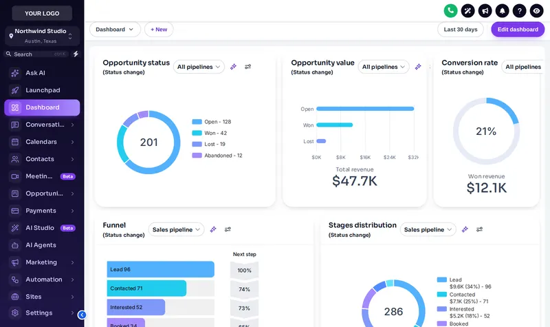 Midnight Sky GoHighLevel theme with a violet sidebar