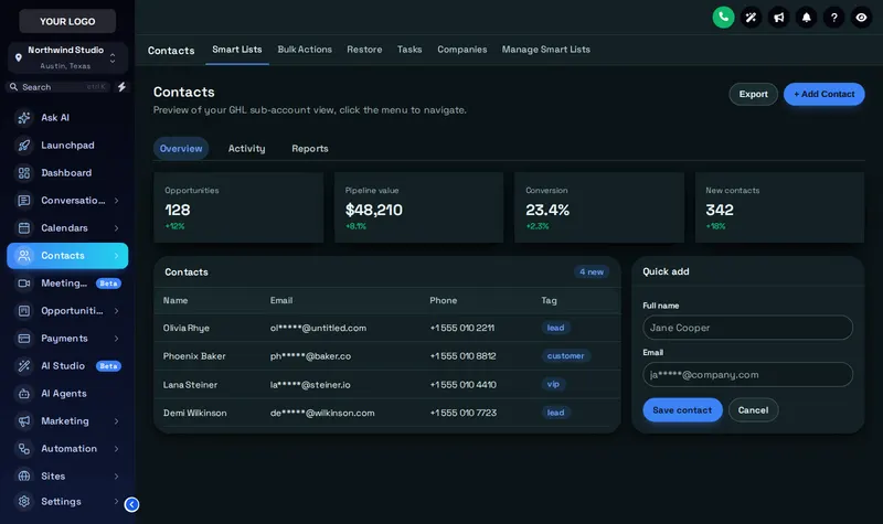 Deep Space theme in dark mode with the Rounded Pill UI kit, on the GoHighLevel contacts page